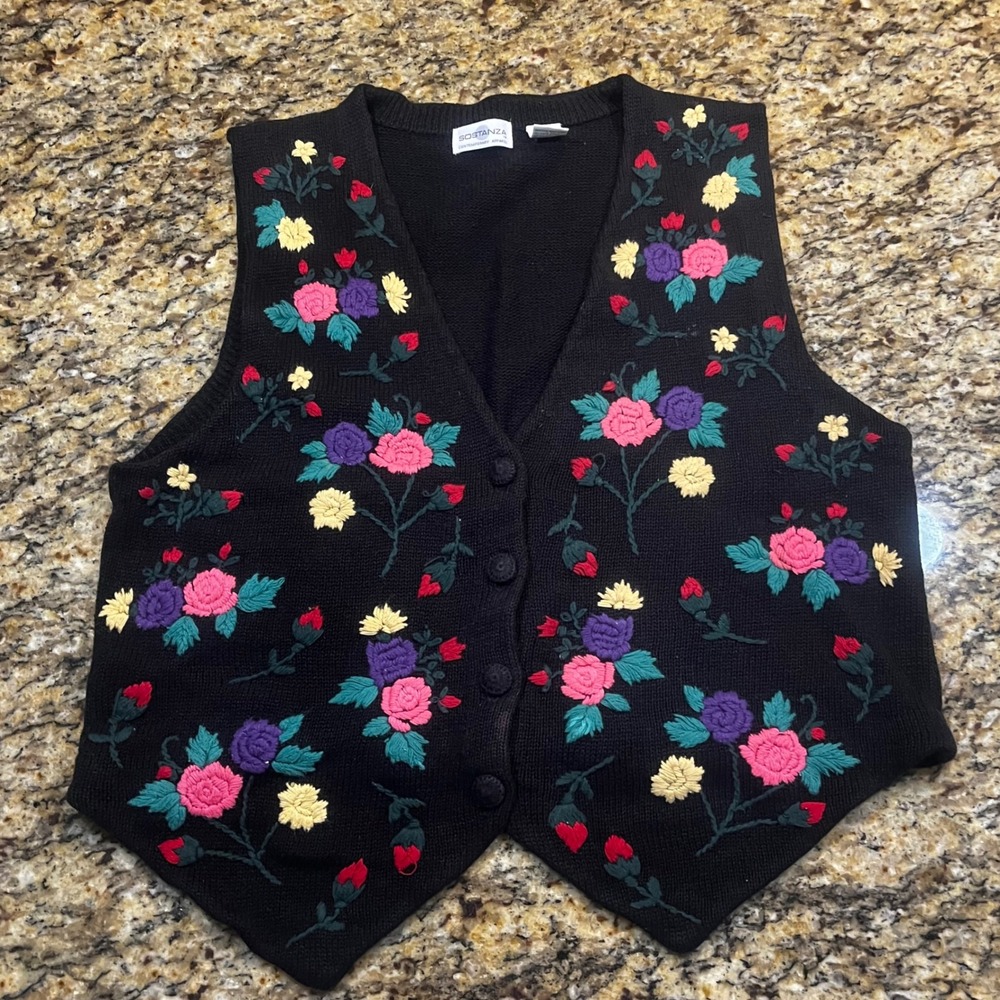 Vintage Sostanza Floral Embroidered Knit Sweater Vest Black‎ Cotton Ramie Large